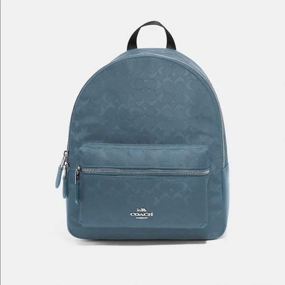 Coach Medium Charlie Backpack In Signature Nylon in Blue/Silver